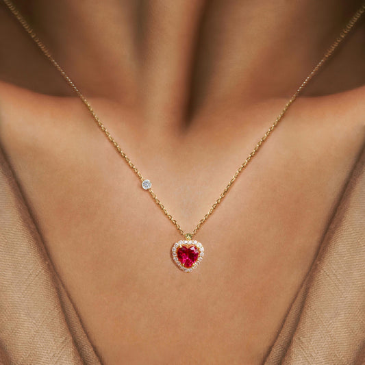 Kadın 14 Ayar Altın Pırlanta Tohumlu Cherry Topaz Rengi Kalp Kolye