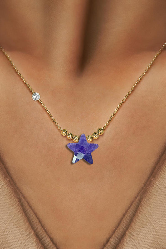 Pirlanta 14 Ayar Altin Dorikalı Ametisit Renkli Yıldız Taşlı Kolye