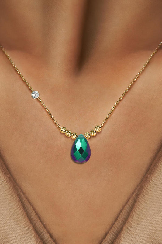 Pirlanta 14 Ayar Altin Dorikalı Rainbow Zumrut Renkli Damla Taşlı Kolye