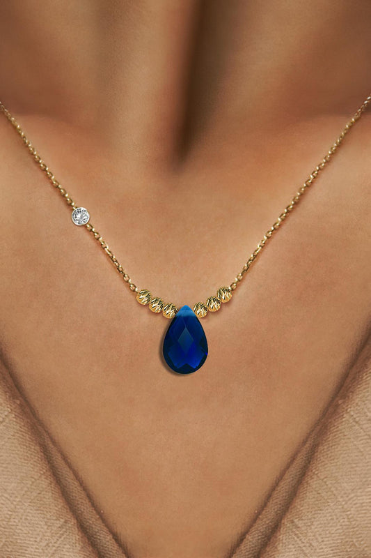 Pirlanta 14 Ayar Altin Dorikalı Safir Renkli Damla Taşlı Kolye