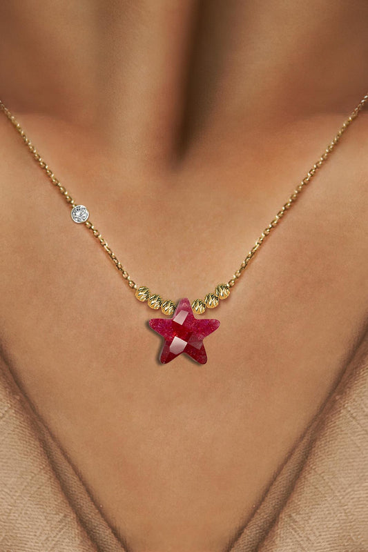 Pirlanta 14 Ayar Altin Dorikalı Yakut Renkli Yıldız Taşlı Kolye