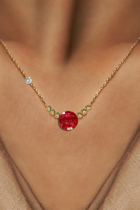 Pirlanta 14 Ayar Altin Dorikalı Yakut Renkli Yuvarlak Taşlı Kolye