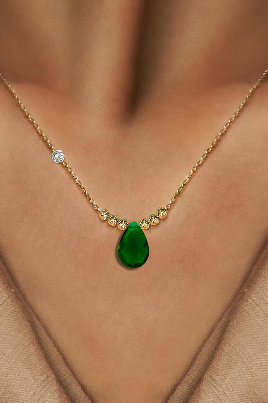 Pirlanta 14 Ayar Altin Dorikalı Zumrut Renkli Damla Taşlı Kolye