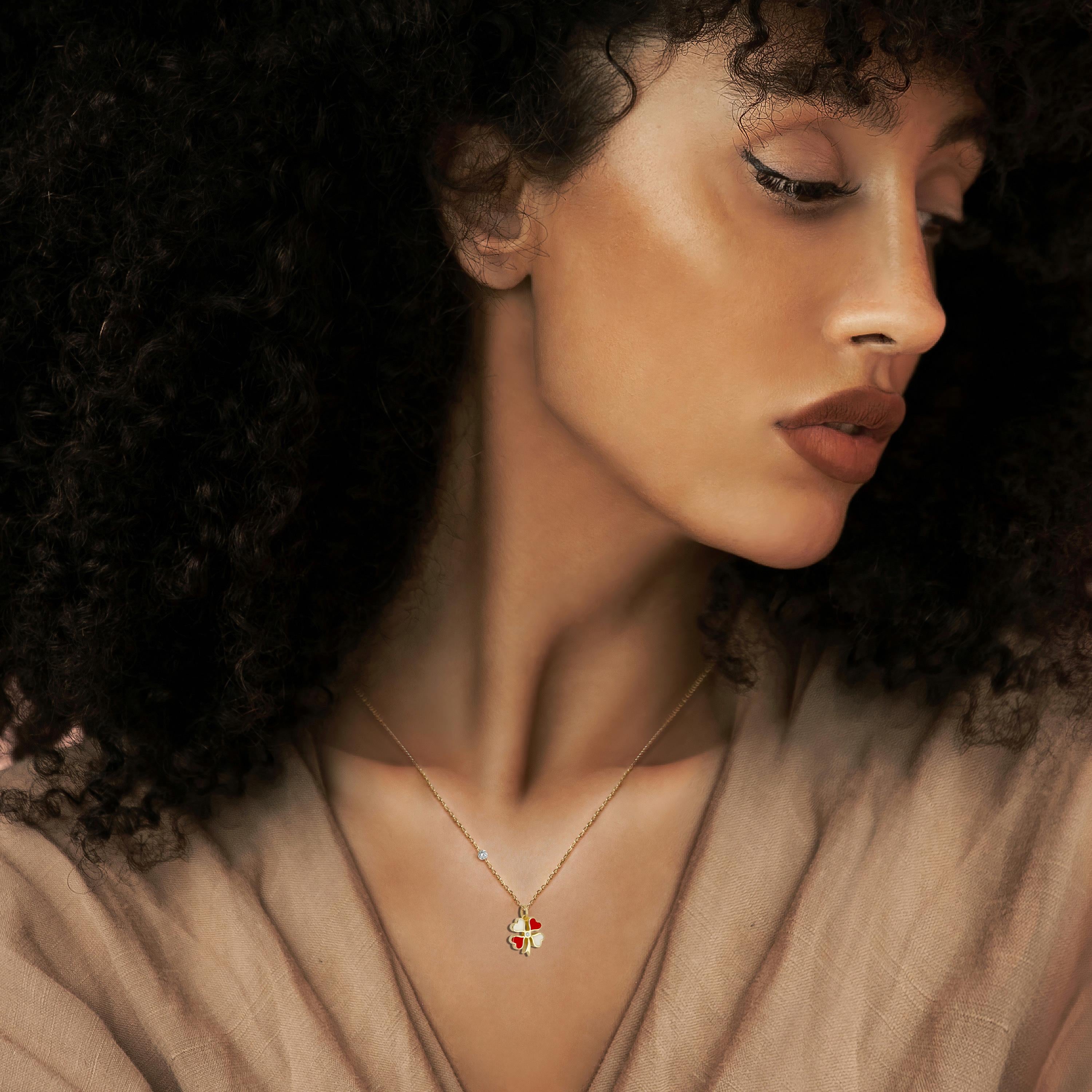 PIRLANTA 14 AYAR ALTIN ÇİFT TARAF MİNELİ YONCA KIRMIZI KOLYE