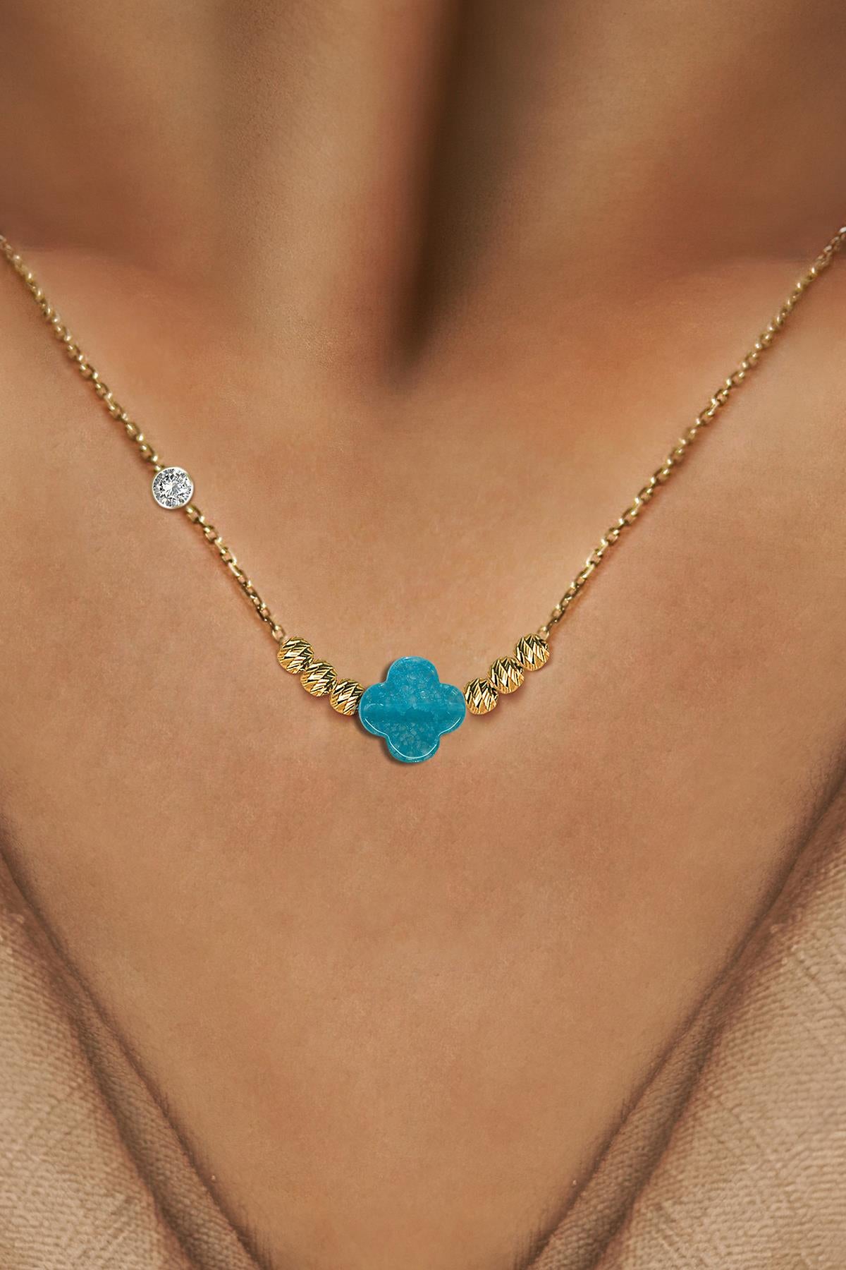 Pirlanta 14 Ayar Altin Dorikalı Aqua Marin Renkli Van Taşlı Kolye