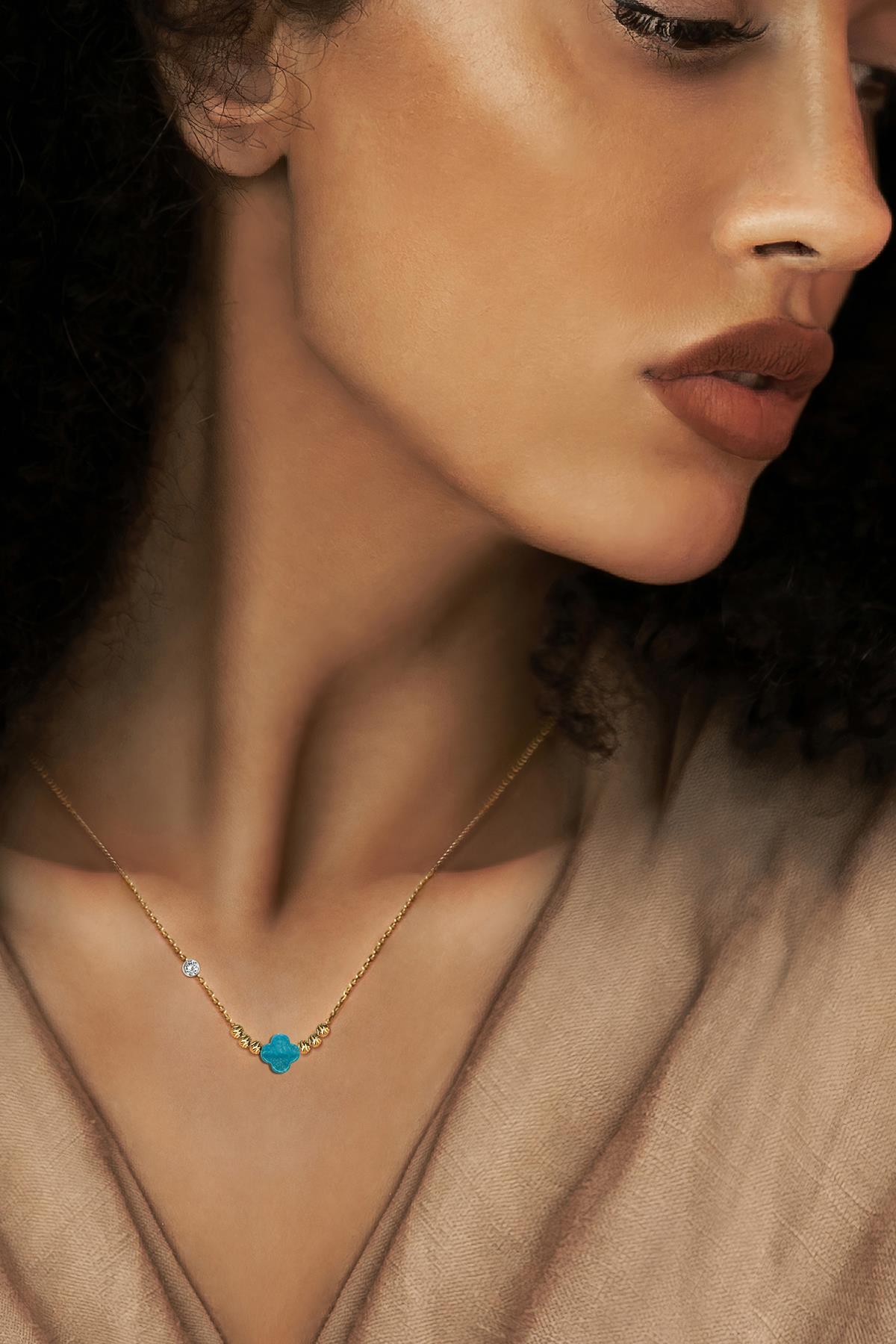 Pirlanta 14 Ayar Altin Dorikalı Aqua Marin Renkli Van Taşlı Kolye