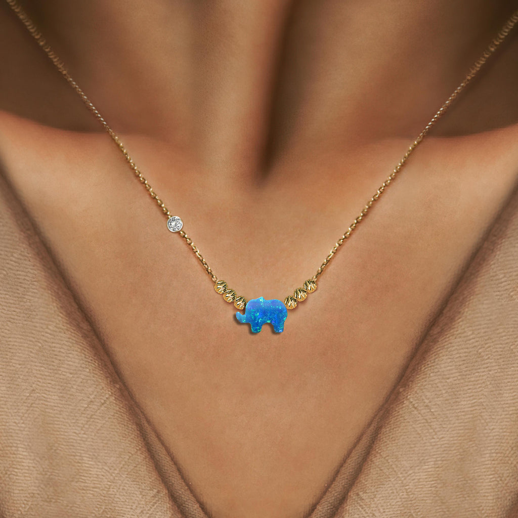 Pirlanta 14 Ayar Altin Dorikalı Mavi Opal Fil Taşlı Kolye