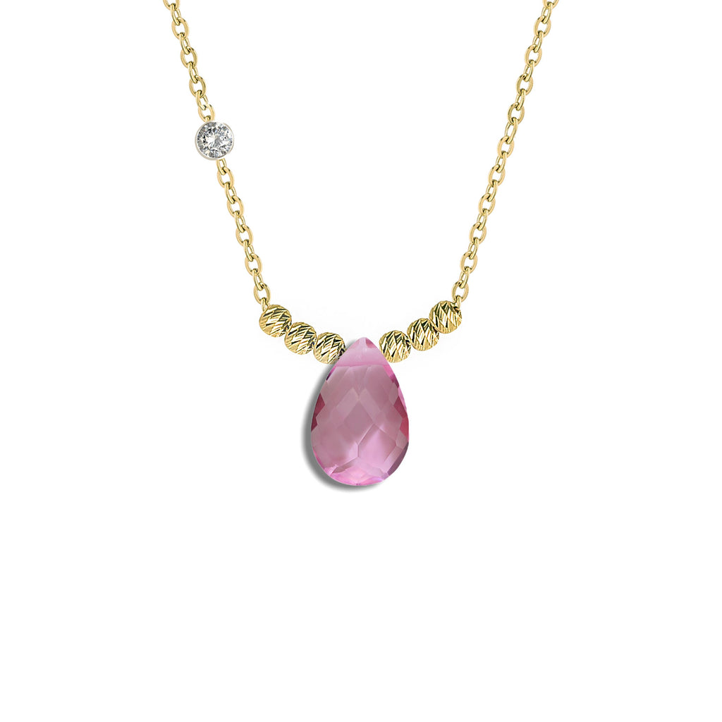 Pirlanta 14 Ayar Altin Dorikalı Pink Safir Renkli Damla Taşlı Kolye