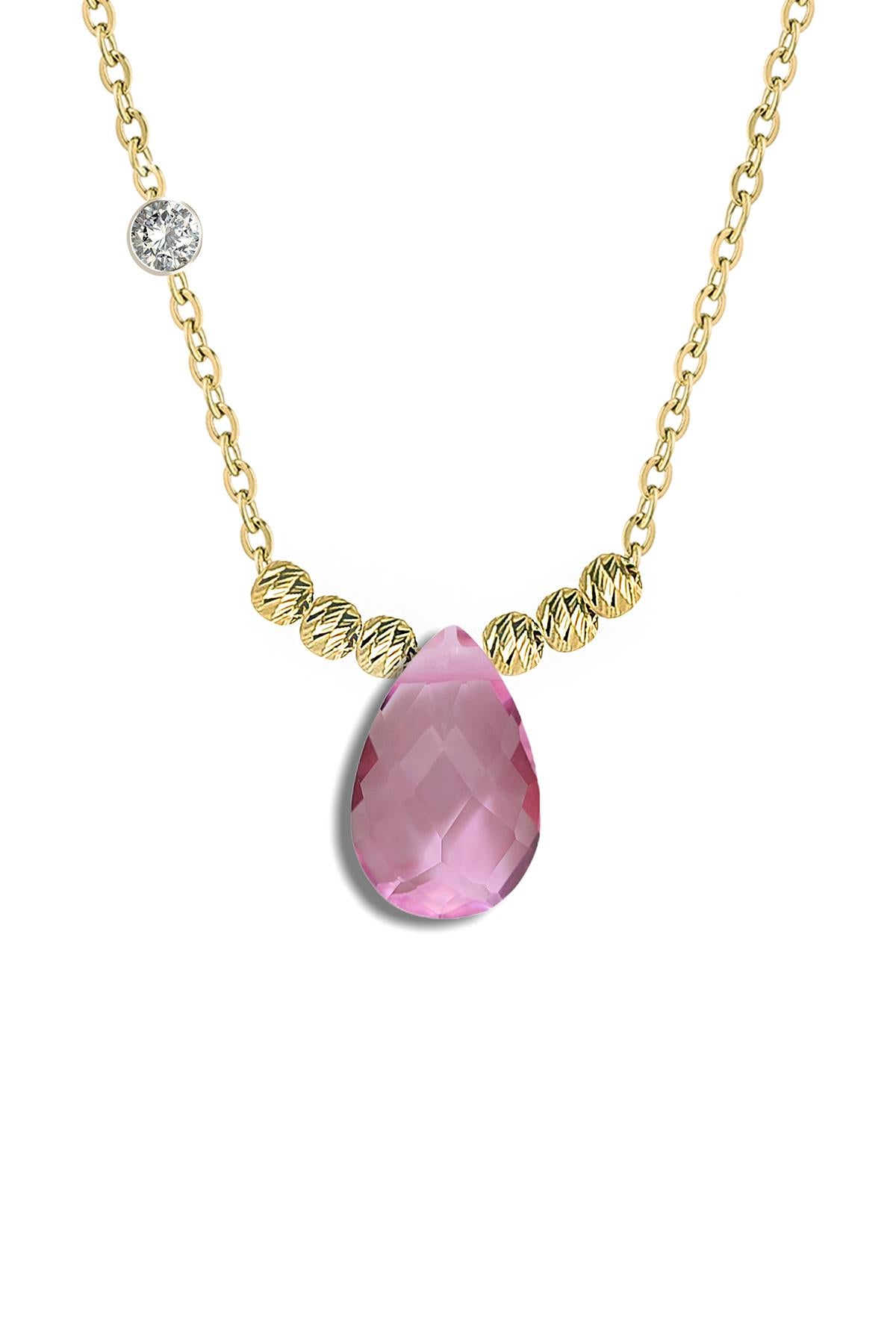 Pirlanta 14 Ayar Altin Dorikalı Pink Safir Renkli Damla Taşlı Kolye