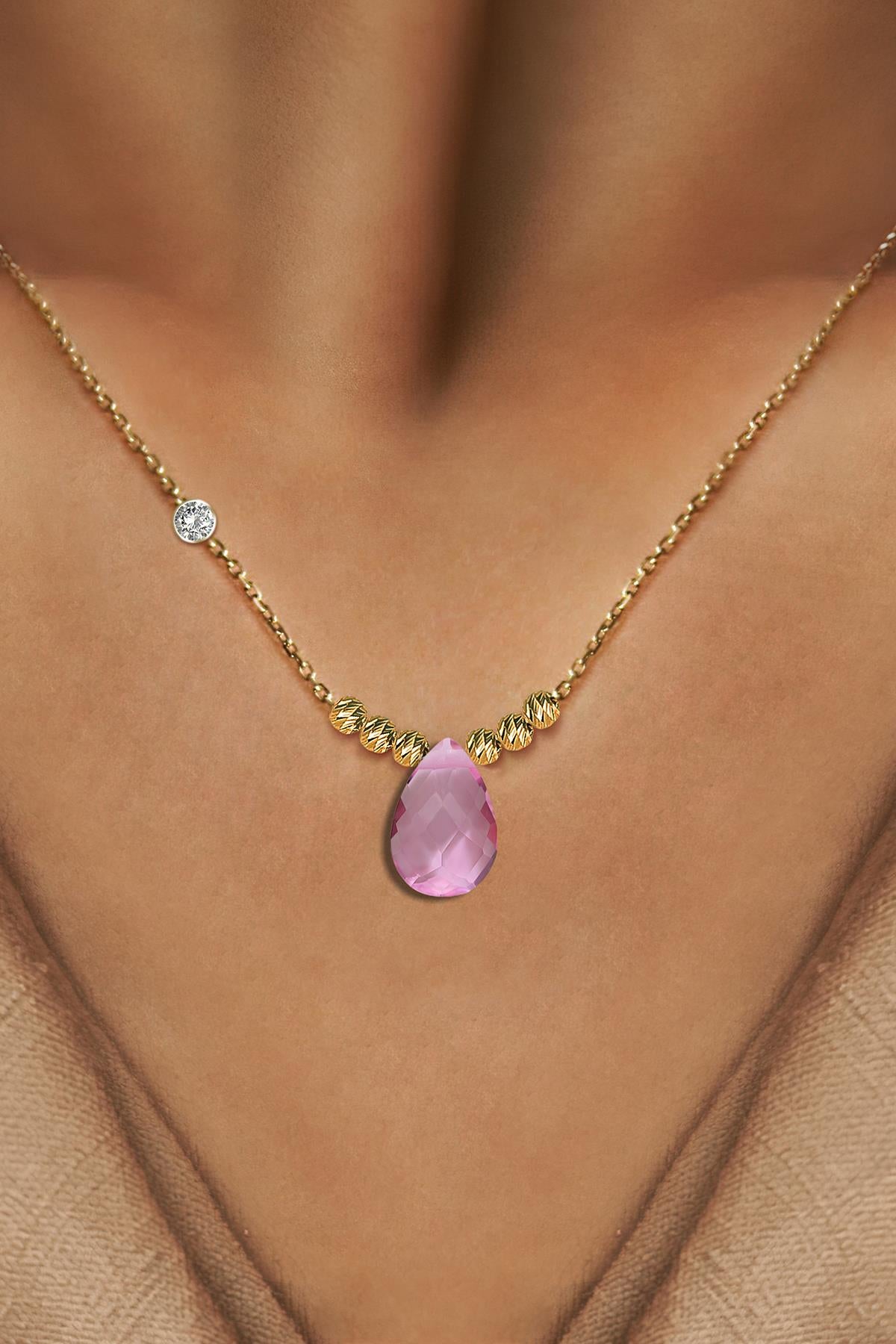 Pirlanta 14 Ayar Altin Dorikalı Pink Safir Renkli Damla Taşlı Kolye