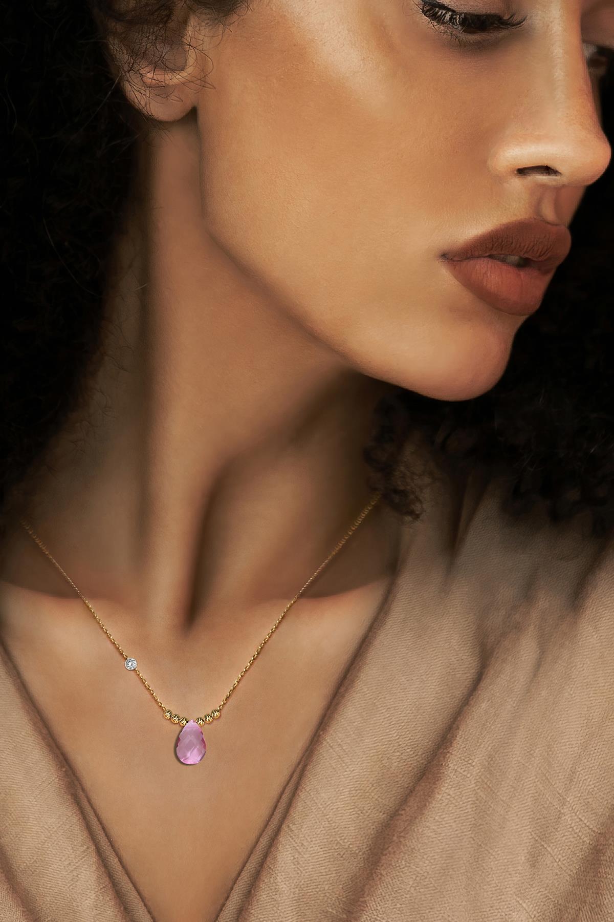 Pirlanta 14 Ayar Altin Dorikalı Pink Safir Renkli Damla Taşlı Kolye