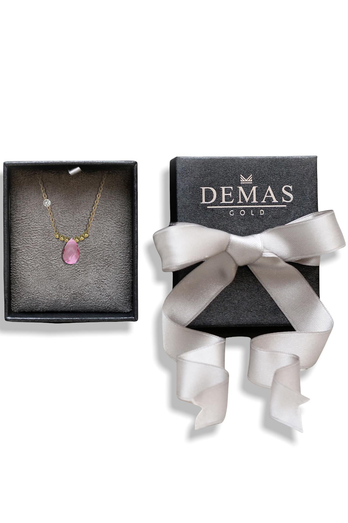 Pirlanta 14 Ayar Altin Dorikalı Pink Safir Renkli Damla Taşlı Kolye