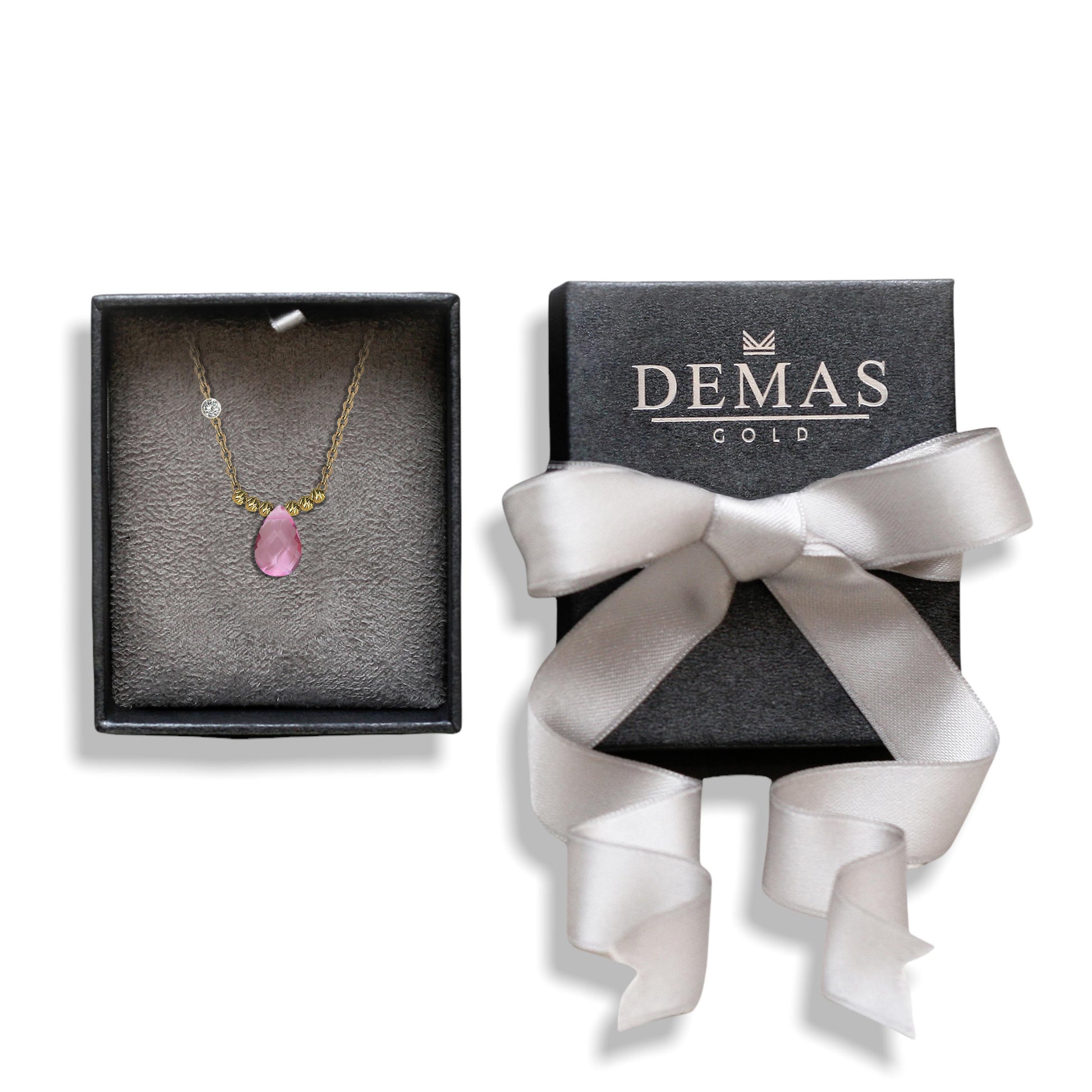 Pirlanta 14 Ayar Altin Dorikalı Pink Safir Renkli Damla Taşlı Kolye