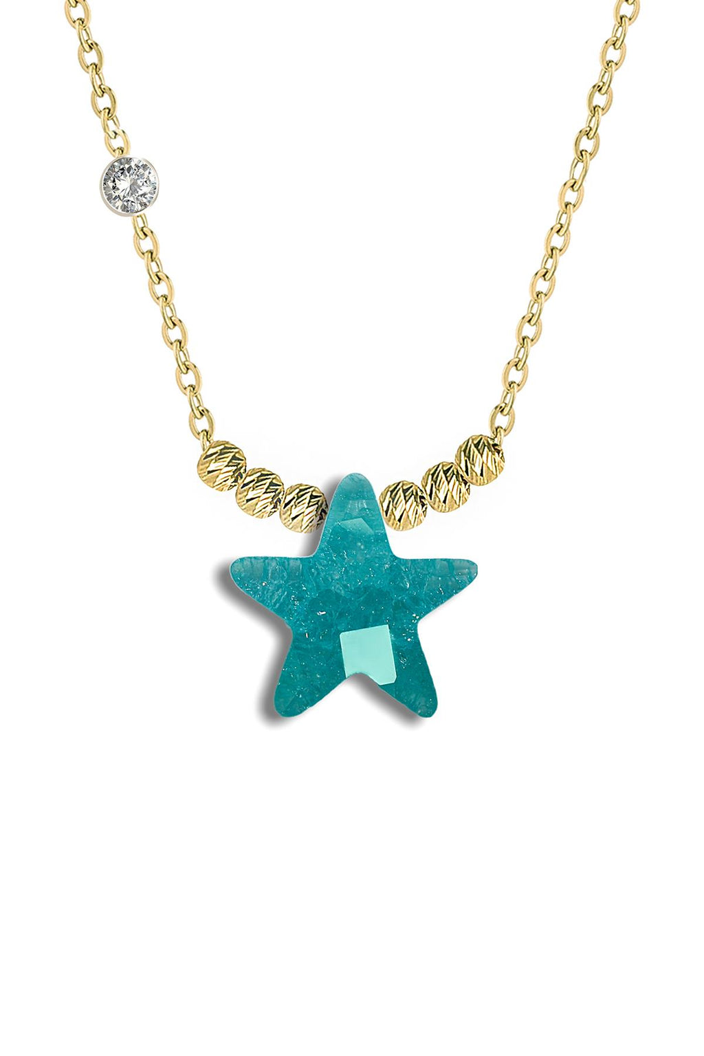 Pirlanta 14 Ayar Altin Dorikalı Turkuaz Renkli Yıldız Taşlı Kolye